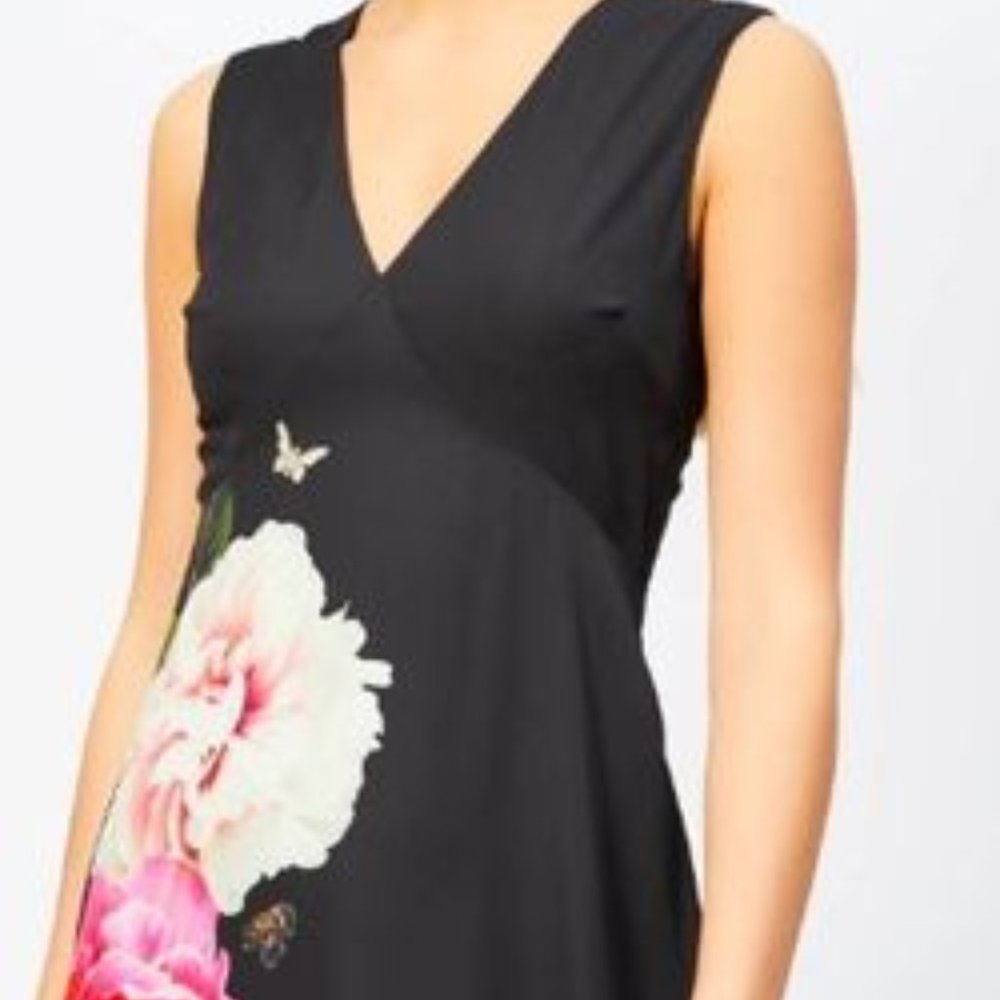 NWT Ted Baker Midi Dress, Black with Flowers